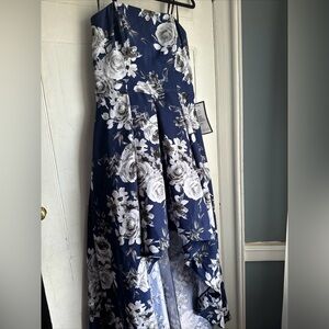 Speechless high-low navy and gray floral gown pockets optional straps Sz 15, NWT